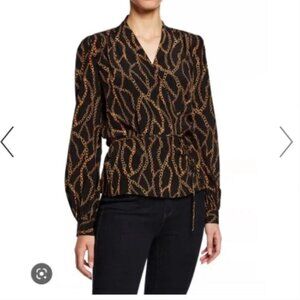 L'AGENCE Cara Black Silk Chain Printed Wrap Blouse 4254CHC XS